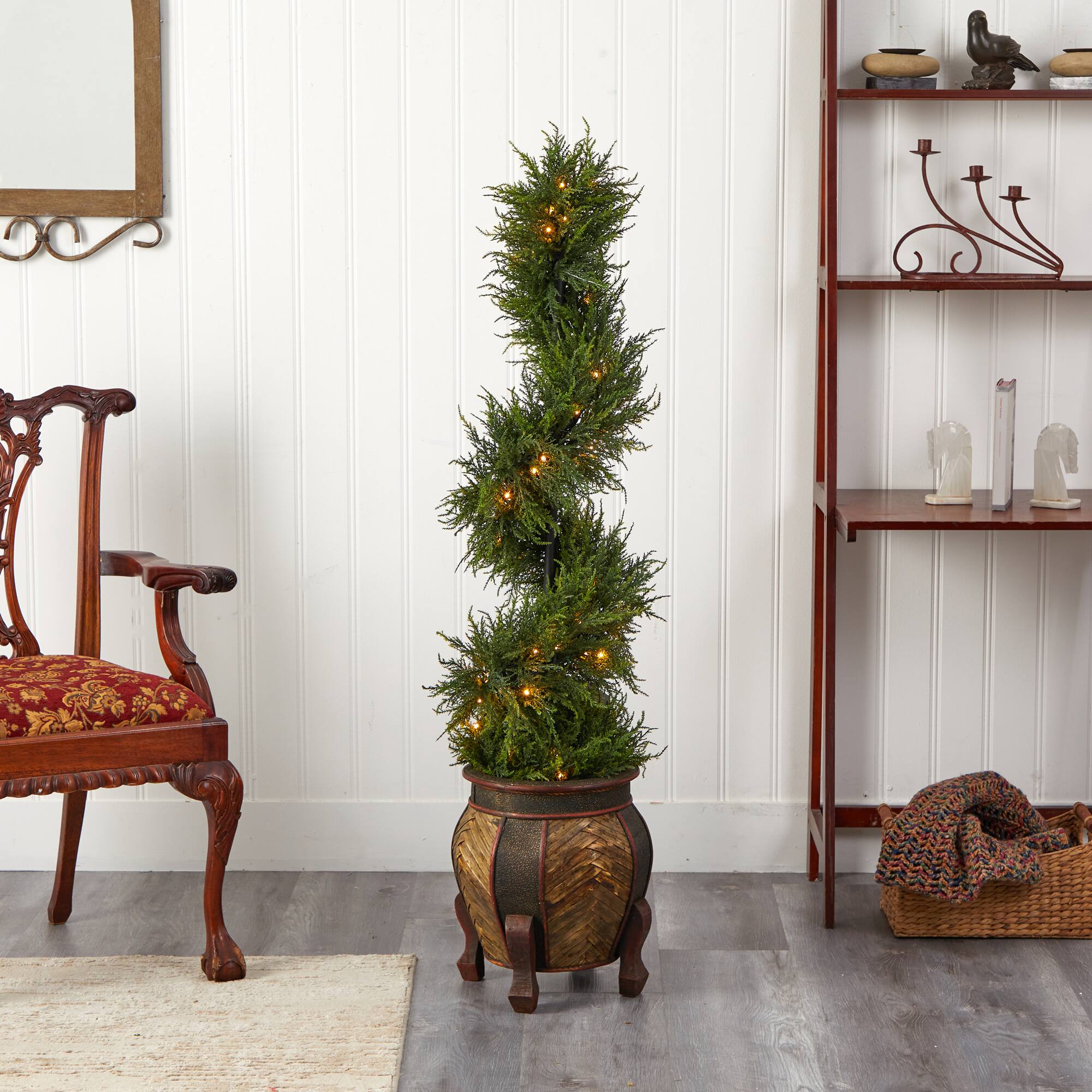 4.5ft. Pre-Lit Spiral Cypress Artificial Christmas Tree in Decorative Planter, Clear LED Lights